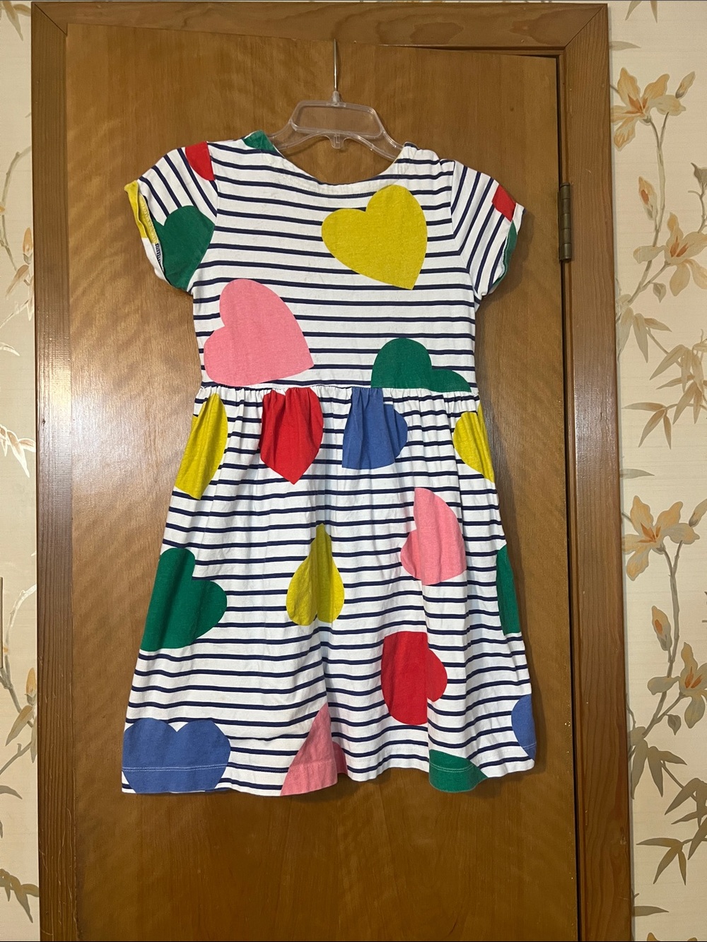 Mini Boden Navy Stripe Dress with Multicolor Heart Prints - Picture 3 of 3